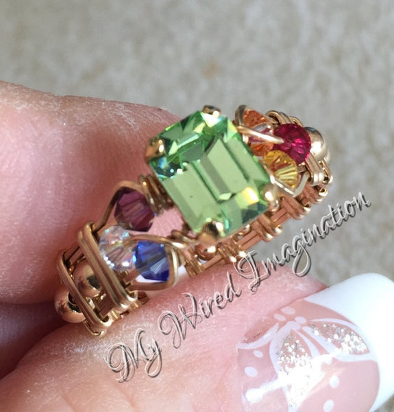 Crystal Chakra Ring, 7 Chakra Healing Colors, Handmade Ring 14K GF US Size 5