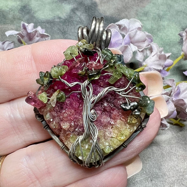 One of a Kind, Handmade Tree Of Life Pendant in Druzy Quartz, Tourmaline, Sterling and Fine Silver