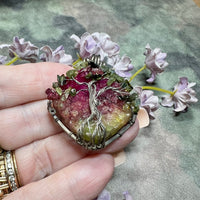 One of a Kind, Handmade Tree Of Life Pendant in Druzy Quartz, Tourmaline, Sterling and Fine Silver
