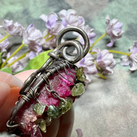 One of a Kind, Handmade Tree Of Life Pendant in Druzy Quartz, Tourmaline, Sterling and Fine Silver