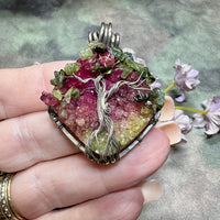 One of a Kind, Handmade Tree Of Life Pendant in Druzy Quartz, Tourmaline, Sterling and Fine Silver