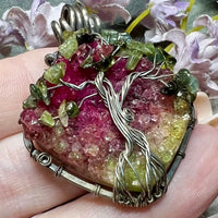One of a Kind, Handmade Tree Of Life Pendant in Druzy Quartz, Tourmaline, Sterling and Fine Silver