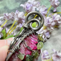 One of a Kind, Handmade Tree Of Life Pendant in Druzy Quartz, Tourmaline, Sterling and Fine Silver