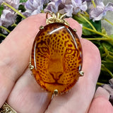 One of a Kind, Carved Leopard in Cherry Amber Pendant  in 14KGF