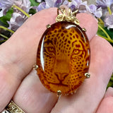 One of a Kind, Carved Leopard in Cherry Amber Pendant  in 14KGF
