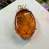 One of a Kind, Carved Leopard in Cherry Amber Pendant  in 14KGF