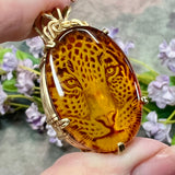 One of a Kind, Carved Leopard in Cherry Amber Pendant  in 14KGF