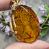 One of a Kind, Carved Leopard in Cherry Amber Pendant  in 14KGF