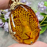 One of a Kind, Carved Leopard in Cherry Amber Pendant  in 14KGF