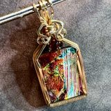 Wire Wrapped Dicroic Glass and Garnet Pendant in 14 K GF Wire