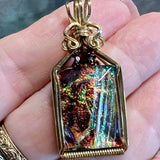 Wire Wrapped Dicroic Glass and Garnet Pendant in 14 K GF Wire