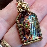 Wire Wrapped Dicroic Glass and Garnet Pendant in 14 K GF Wire