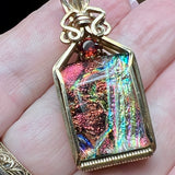 Wire Wrapped Dicroic Glass and Garnet Pendant in 14 K GF Wire