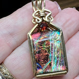 Wire Wrapped Dicroic Glass and Garnet Pendant in 14 K GF Wire