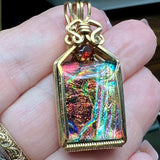 Wire Wrapped Dicroic Glass and Garnet Pendant in 14 K GF Wire