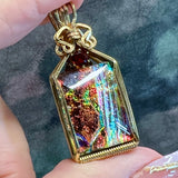 Wire Wrapped Dicroic Glass and Garnet Pendant in 14 K GF Wire