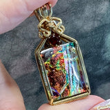 Wire Wrapped Dicroic Glass and Garnet Pendant in 14 K GF Wire