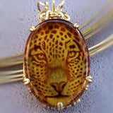 One of a Kind, Carved Leopard in Cherry Amber Pendant  in 14KGF