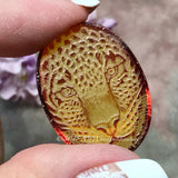 One of a Kind, Carved Leopard in Cherry Amber Pendant  in 14KGF