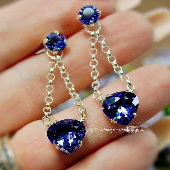Tanzanite Handmade Earrings in Vintage Swarovski Crystal and Sterling Silver