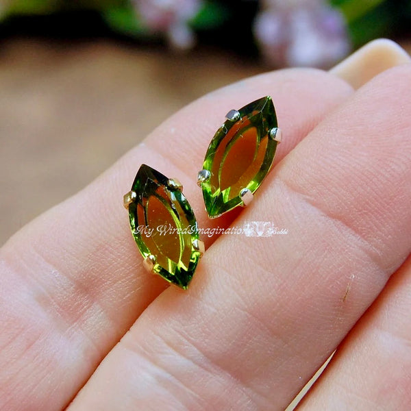 Transparent Olivine, Vintage Swarovski, Channel Cut 15x7mm Navette, 2 Pcs with Settings