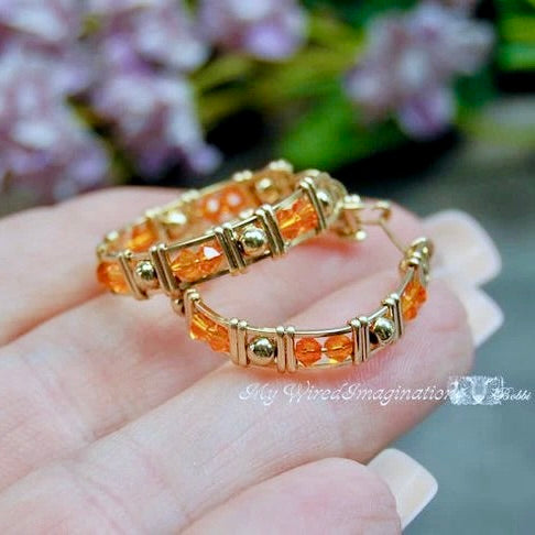 Handmade Crystal Hoop Earrings in Swarovski Sun Orange and 14K GF Wire