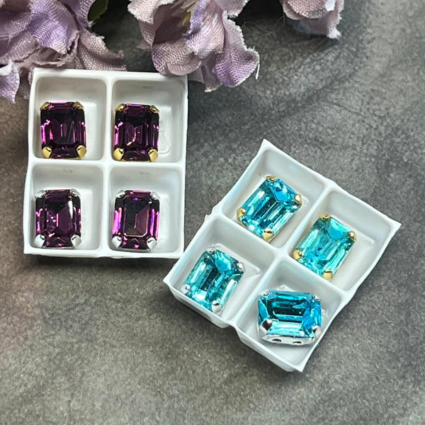 Swarovski Crystal 2 Pcs 8x6mm Octagon, Birthstone Colors, SP or GP Settings