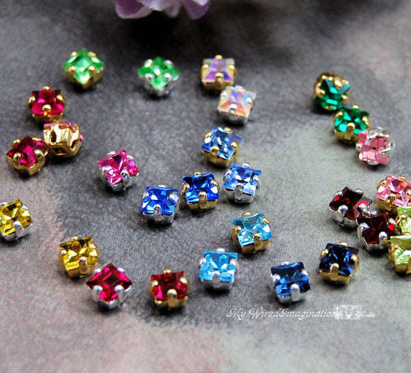 4mm Square Swarovski Crystal 4 Pcs Vintage With SP or GP Settings, 44 Crystal-Colors