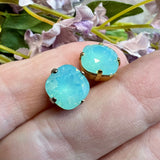 Pacific Opal Genuine Swarovski Crystal, 10mm 4470 Square Cushion Cut With Setting Pale Blue Green Opal