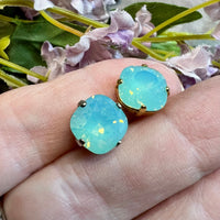 Pacific Opal Genuine Swarovski Crystal, 10mm 4470 Square Cushion Cut With Setting Pale Blue Green Opal