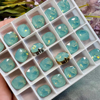 Pacific Opal Genuine Swarovski Crystal, 10mm 4470 Square Cushion Cut With Setting Pale Blue Green Opal