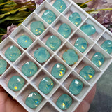 Pacific Opal Genuine Swarovski Crystal, 10mm 4470 Square Cushion Cut With Setting Pale Blue Green Opal