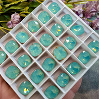 Pacific Opal Genuine Swarovski Crystal, 10mm 4470 Square Cushion Cut With Setting Pale Blue Green Opal