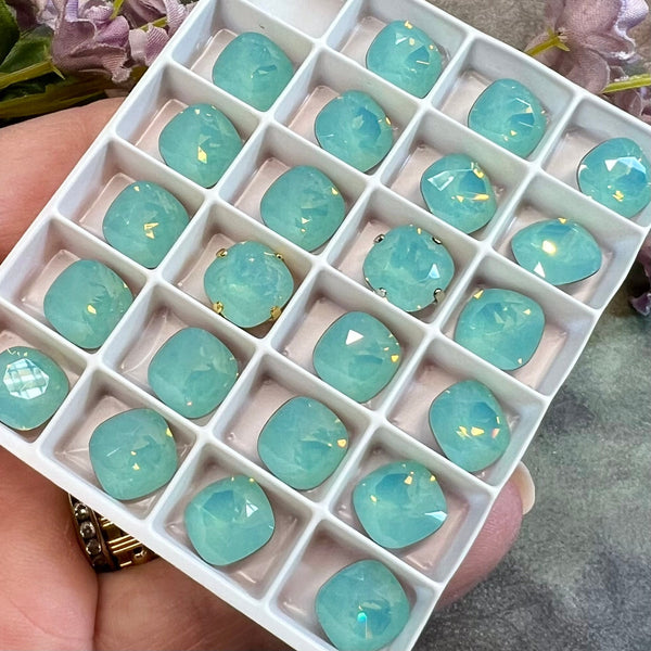 Pacific Opal Genuine Swarovski Crystal, 10mm 4470 Square Cushion Cut With Setting Pale Blue Green Opal