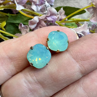 Pacific Opal Genuine Swarovski Crystal, 10mm 4470 Square Cushion Cut With Setting Pale Blue Green Opal