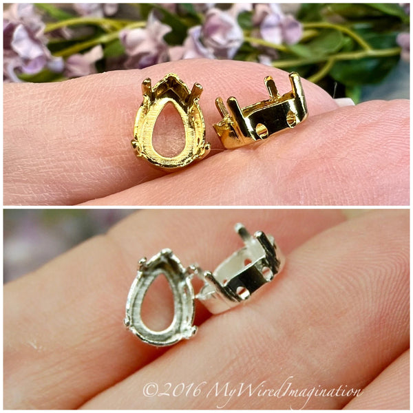 10x7 mm Pear Shaped 4320 Settings, 2 pcs Silver or Gold Plated,  Gemstone or Crystal Settings