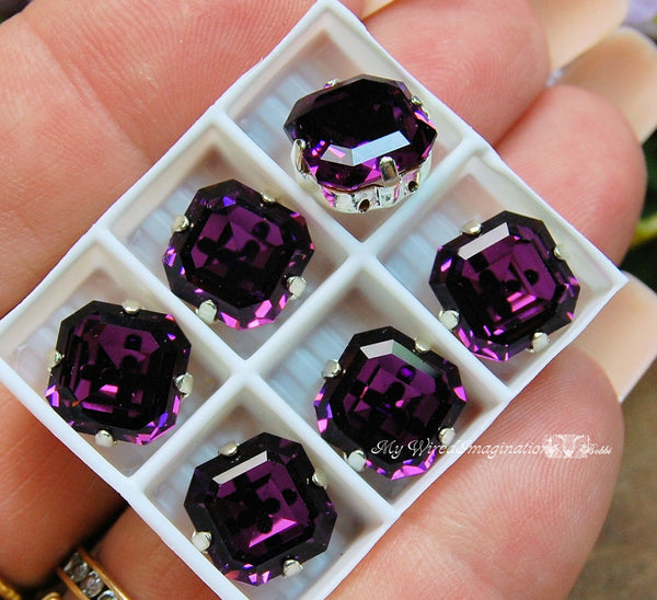 Amethyst Swarovski Vintage Crystal, 1 Pc 10mm 4671 Square-Octagon With SP or GP Setting