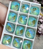 10mm Silky Sage Delite Genuine Swarovski, 1pc 4470 Square Cushion Cut With Setting