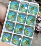 10mm Silky Sage Delite Genuine Swarovski, 1pc 4470 Square Cushion Cut With Setting