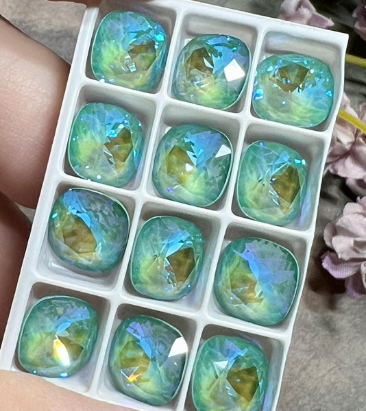 10mm Silky Sage Delite Genuine Swarovski, 1pc 4470 Square Cushion Cut With Setting