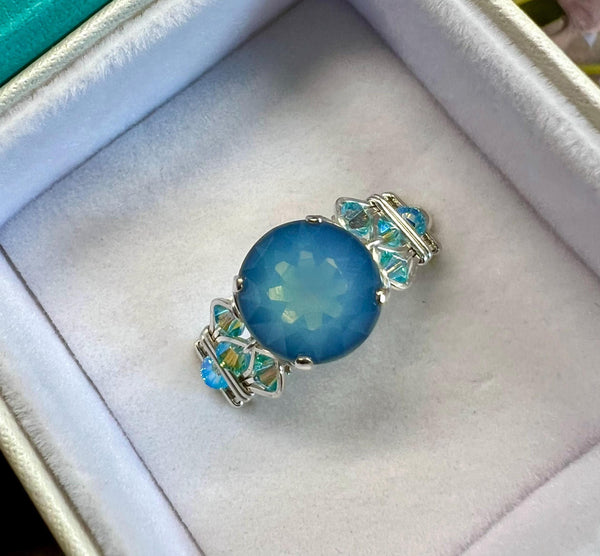 White Opal Starshine, Vintage Swarovski Crystal, Handmade Ring in Sterling Silver or 14K Gold Fill