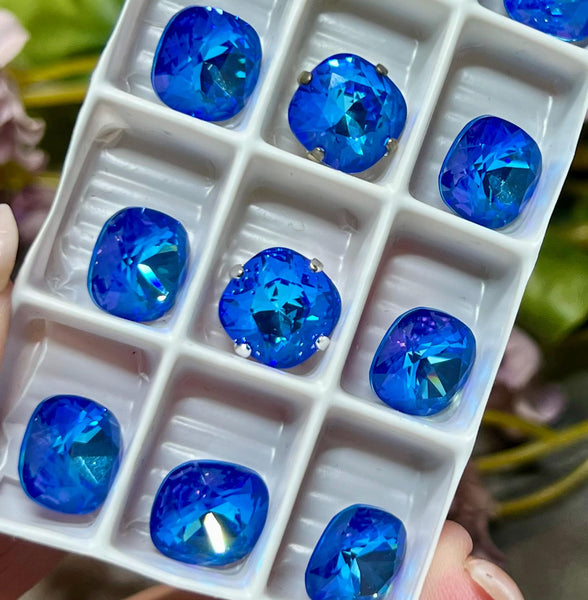 10mm Royal Blue Delite Genuine Swarovski, 1pc 4470 Square Cushion Cut With Setting, Royal Blue Opal, Bead Embroidery, Jewelry Component (Copy)