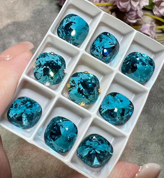 Blue Zircon 10mm Genuine Swarovski 10mm 4470 Cushion Cut with Sew On Type Setting