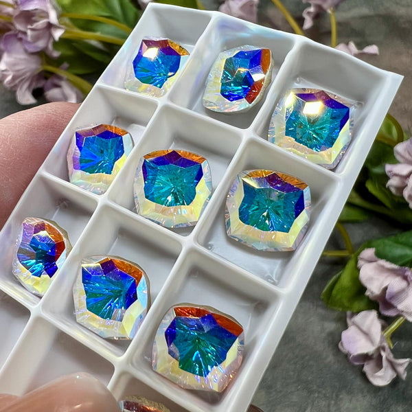 Crystal AB Genuine Swarovski, 1 Pc 10mm Fancy 4460 Cushion Square Cut Crystal, Rhinestone in Setting