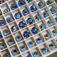 Lt Sapphire Shimmer, 2 Pcs Swarovski Crystal  39ss 8mm Xirus Chaton With Setting, Ocean Blue Shimmer, Bead Embroidery Jewelry Component