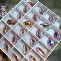 Light Rose Shimmer, 2 Pcs Genuine Swarovski, 15x7mm Navette-Marguise With Setting
