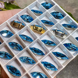 Aquamarine, 2 4 or 6 Pcs Genuine Swarovski, 15x7mm Navette-Marquise With Setting, Sea Blue Crystal