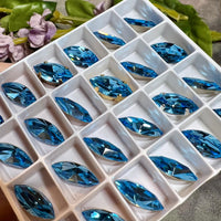 Aquamarine, 2 Pcs Genuine Swarovski, 15x7mm Navette-Marguise With Setting, Bead Embroidery Jewelry Craft Component, Sea Blue Swarovski