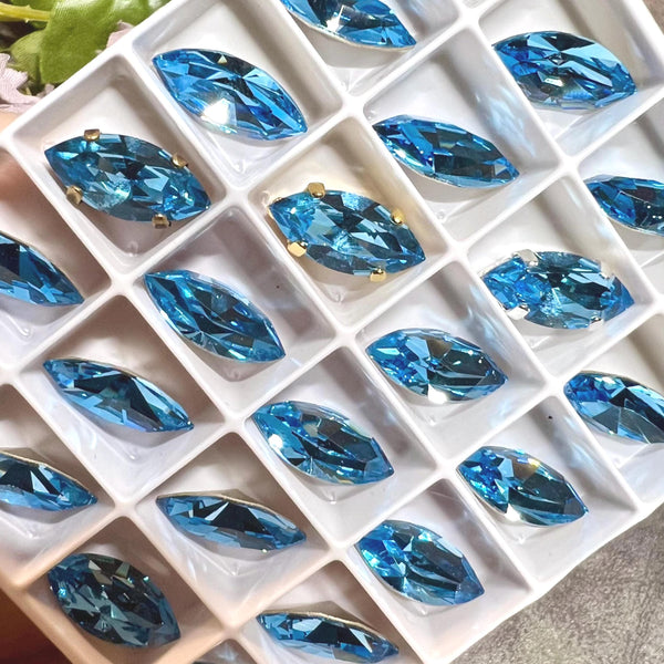 Aquamarine, 2 4 or 6 Pcs Genuine Swarovski, 15x7mm Navette-Marquise With Setting, Sea Blue Crystal