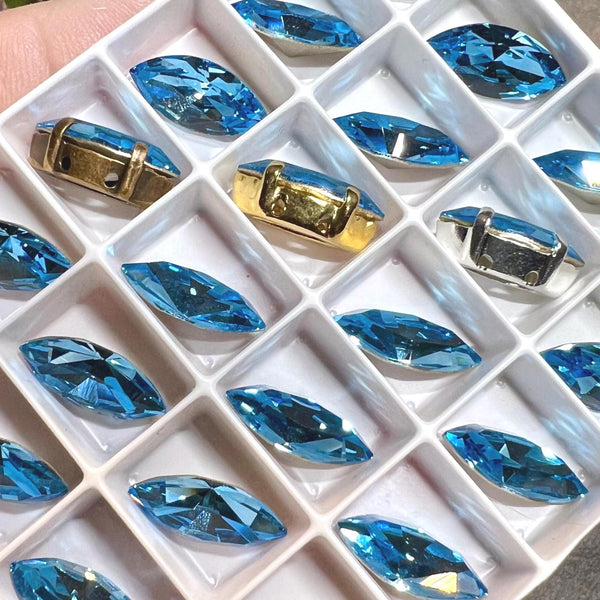Aquamarine, 2 Pcs Genuine Swarovski, 15x7mm Navette-Marguise With Setting, Bead Embroidery Jewelry Craft Component, Sea Blue Swarovski